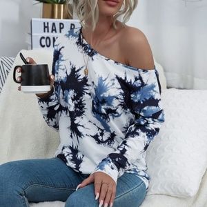 tie dye off shoulder long sleeve top blue black